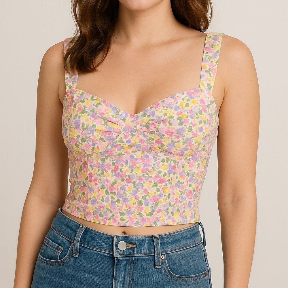 Japna Floral Sweetheart Crop Top Smocked Back Rayon Sleeveless Blouse Size Large